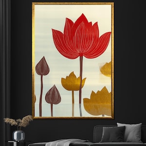 Red and Gold Lotus Canvas Painting Modern Abstract Wall Art for Living Room Zen Floral Decor Gift