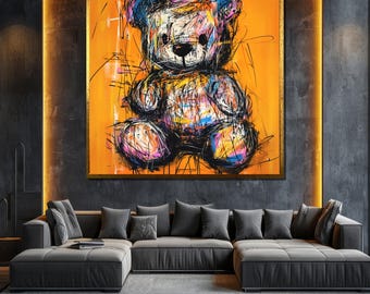 Kleurrijke teddybeer canvas schilderij, moderne muurkunst voor kinderkamer decor, uniek kunstcadeau