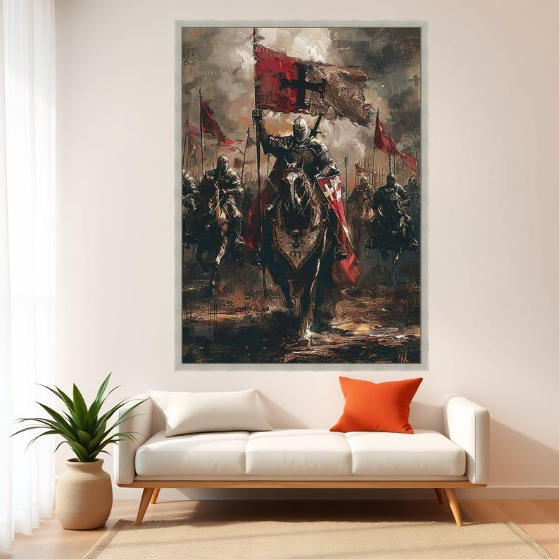 Medieval Knight Cavalry Canvas Wall Art, Crusader Horseman Painting ...