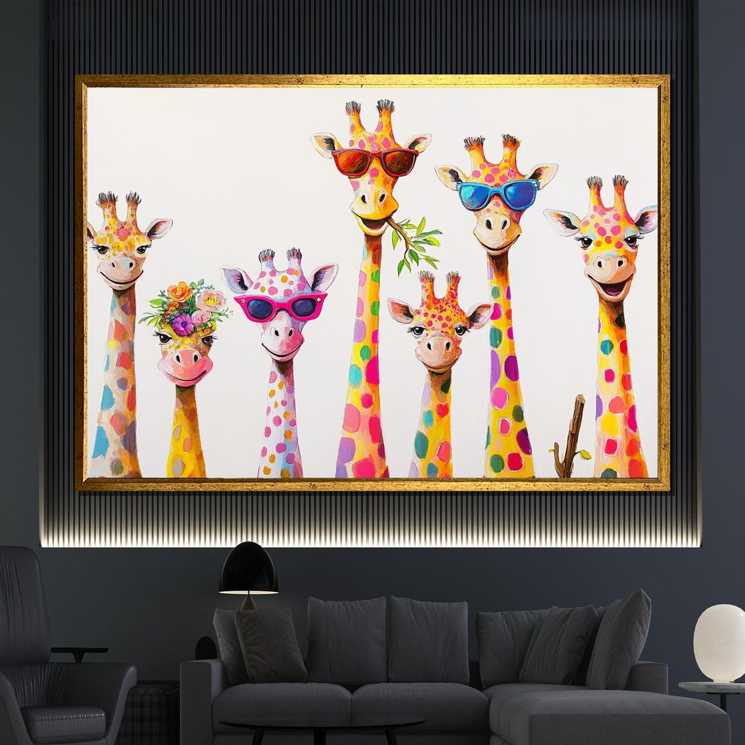 Colorful Giraffe Canvas Painting Whimsical Animal Wall Art Fun Decor ...