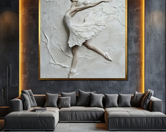 Elegant Ballerina Canvas Painting - White Ballet Dance Wall Art, Textured Modern Decor, Perfect Gift for Dance Lovers