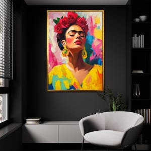 Pintura en lienzo de Frida Kahlo, arte de pared colorido, retrato de ícono mexicano, decoración de pared grande, regalo único para amantes del arte imagen 2