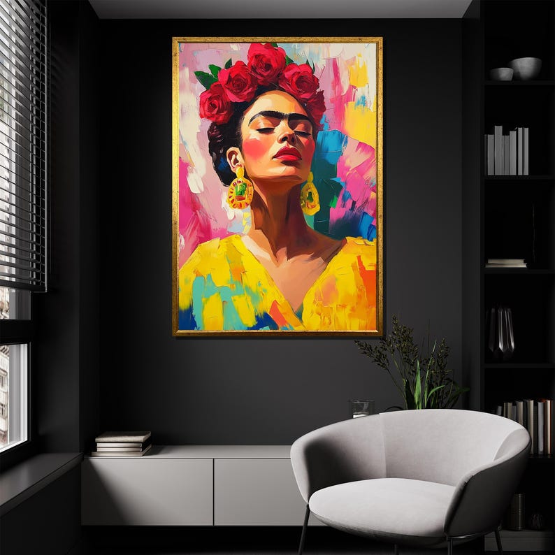 Pintura en lienzo de Frida Kahlo, arte de pared colorido, retrato de ícono mexicano, decoración de pared grande, regalo único para amantes del arte imagen 2