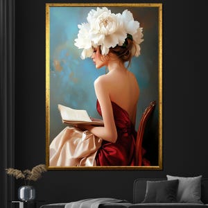 Elegant Woman Reading Canvas Painting - Lady in Red with White Flowers - Romantic Wall Art - Stylish Home Decor - Unique Gift for Her