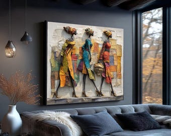 Elegant African Women Walking, Canvas Art, Ethnic Wall Decor, Colorful Fashion Figures, Modern Home Decoration Canvas