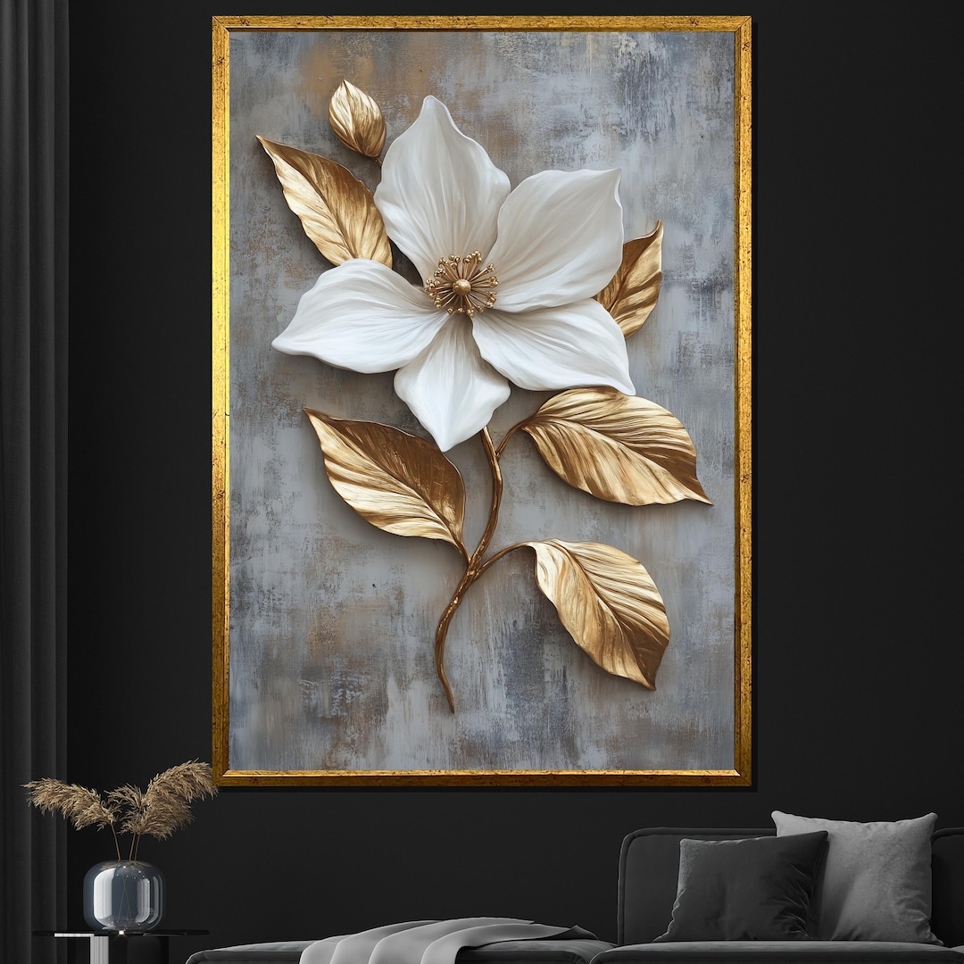 White and Gold Flower Canvas Painting - Elegant Wall Art for Living ...