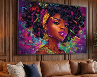Vibrant Afrocentric Portrait Canvas, Colorful Woman Wall Art, Bold Fashion Illustration, Ethnic Beauty Canvas, Modern Home Decor