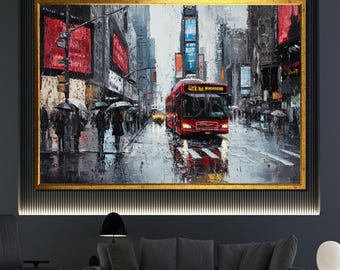 Rainy Times Square Canvas Painting, Urban Red Bus Cityscape Wall Art, New York Street Scene Artwork, Modern Home Decor Gift