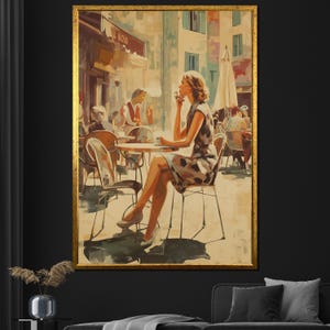 Woman at Paris Cafe Canvas Painting – Vintage Style Outdoor Coffee Scene Wall Art, Elegant Living Room Decor, Retro Gift for Art Lovers