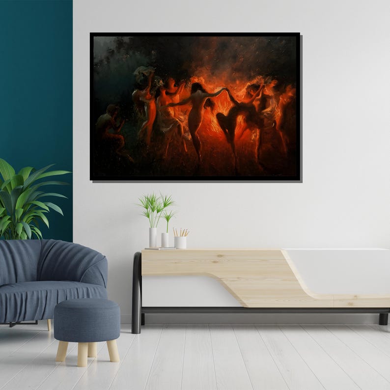 Mystical Fire Dance Canvas Painting, Dramatic Wall Art, Ethereal Women Dancing, Fiery Scene Artwork, Unique Home Decor, Gift image 3