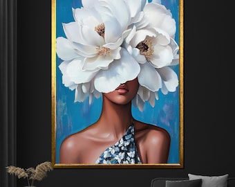 Elegante Frau mit weißen Blumen Leinwand Gemälde - Blumen Wand Kunst - Modernes Wohn Dekor - Einzigartiges Geschenk für Sie