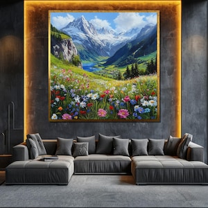 Mountain Wildflower Canvas Painting Scenic Landscape Wall Art for Nature Lovers and Home Decor