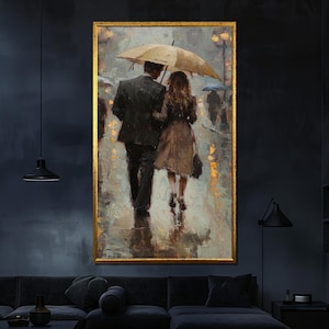 Romantic Couple Canvas Painting, Rainy Street Wall Art, Walking Under Umbrella Artwork, Modern Home Decor Gift