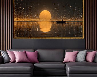 Golden Moonlight Boat Canvas Wall Art – Tranquil Night Lake Scene with Reflection, Dreamy Landscape Canvas Painting for Gift or Decor
