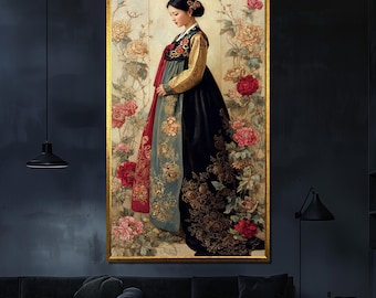 Canvas Painting of Korean Woman in Hanbok Surrounded by Flowers – Elegant Asian Portrait Wall Art for Gift or Home Decor