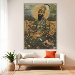 Regal Sikh Warrior Portrait Canvas, Traditional Indian Royalty Art, Historical Wall Decor, Intricate Costume Painting, Cultural Heritage Silver Frame