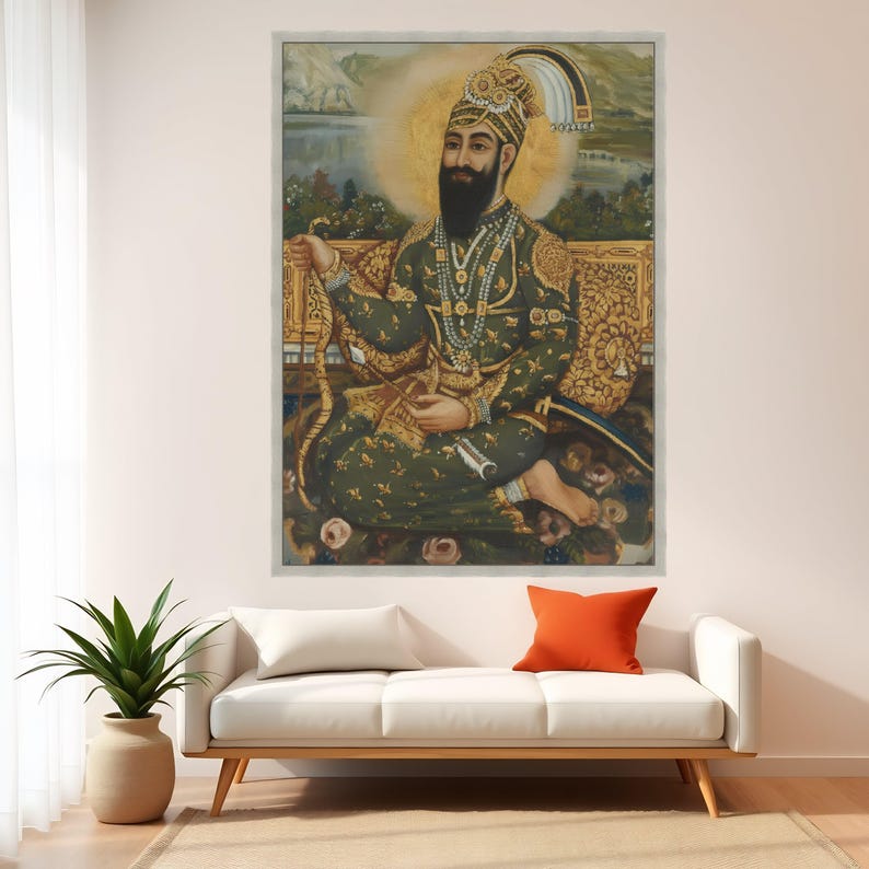Regal Sikh Warrior Portrait Canvas, Traditional Indian Royalty Art, Historical Wall Decor, Intricate Costume Painting, Cultural Heritage Silver Frame
