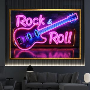 Neon Rock and Roll Canvas Painting Electric Guitar Wall Art Music Lover Decor Perfect Gift for Fans of Rock and Roll