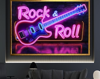 Neon Rock and Roll Canvas Painting Electric Guitar Wall Art Music Lover Decor Perfect Gift for Fans of Rock and Roll