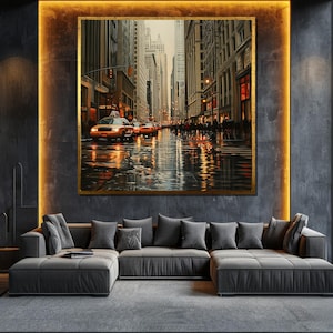 Rainy City Street Canvas Painting - Urban Wall Art with Taxi Lights for Living Room Decor, Modern Cityscape Gift