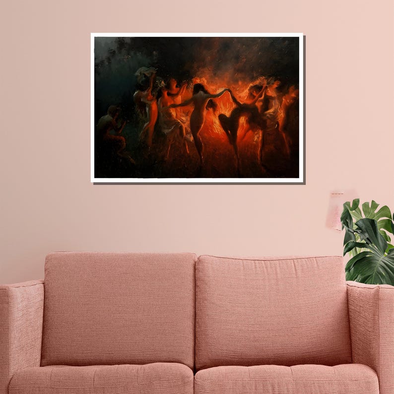 Mystical Fire Dance Canvas Painting, Dramatic Wall Art, Ethereal Women Dancing, Fiery Scene Artwork, Unique Home Decor, Gift image 5