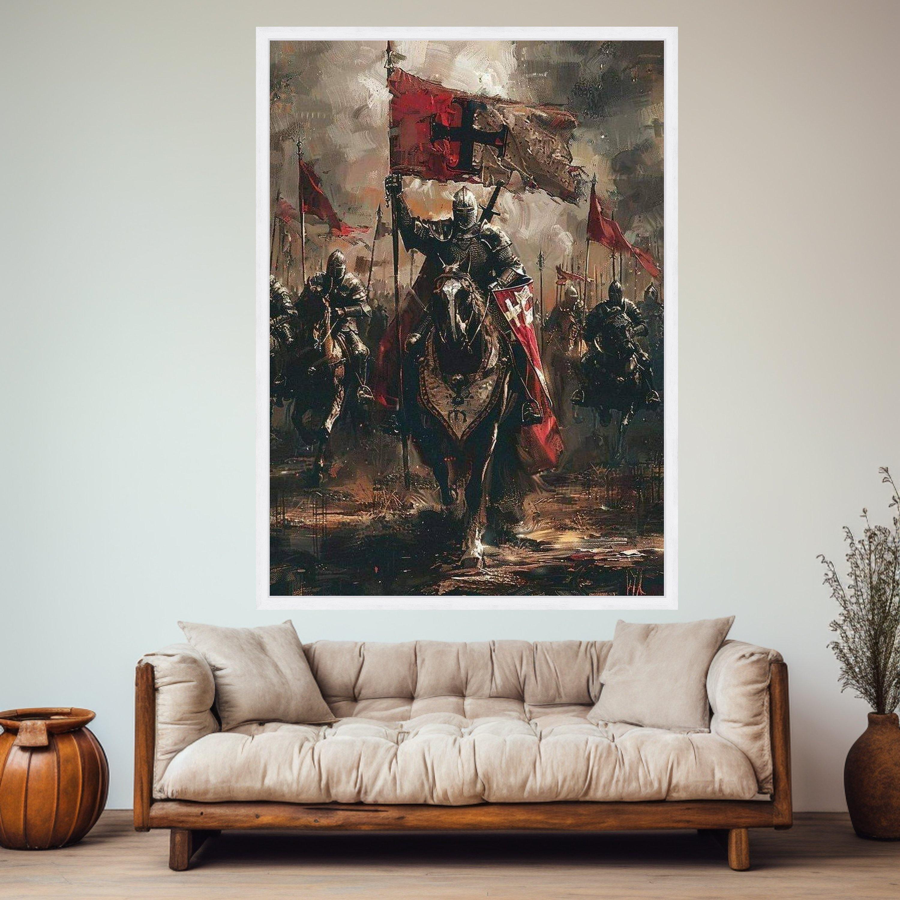 Medieval Knight Cavalry Canvas Wall Art, Crusader Horseman Painting ...