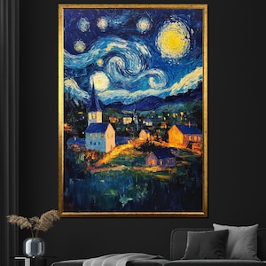 Starry Night Village Canvas Painting Scenic Wall Art for Home Decor and Night Sky Lovers Gift