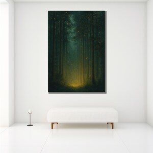May include: A large framed canvas print depicting a forest scene. Tall, dark green trees line the sides of a path, with a glowing yellow light at the end. The artwork has a dreamy, ethereal quality.
