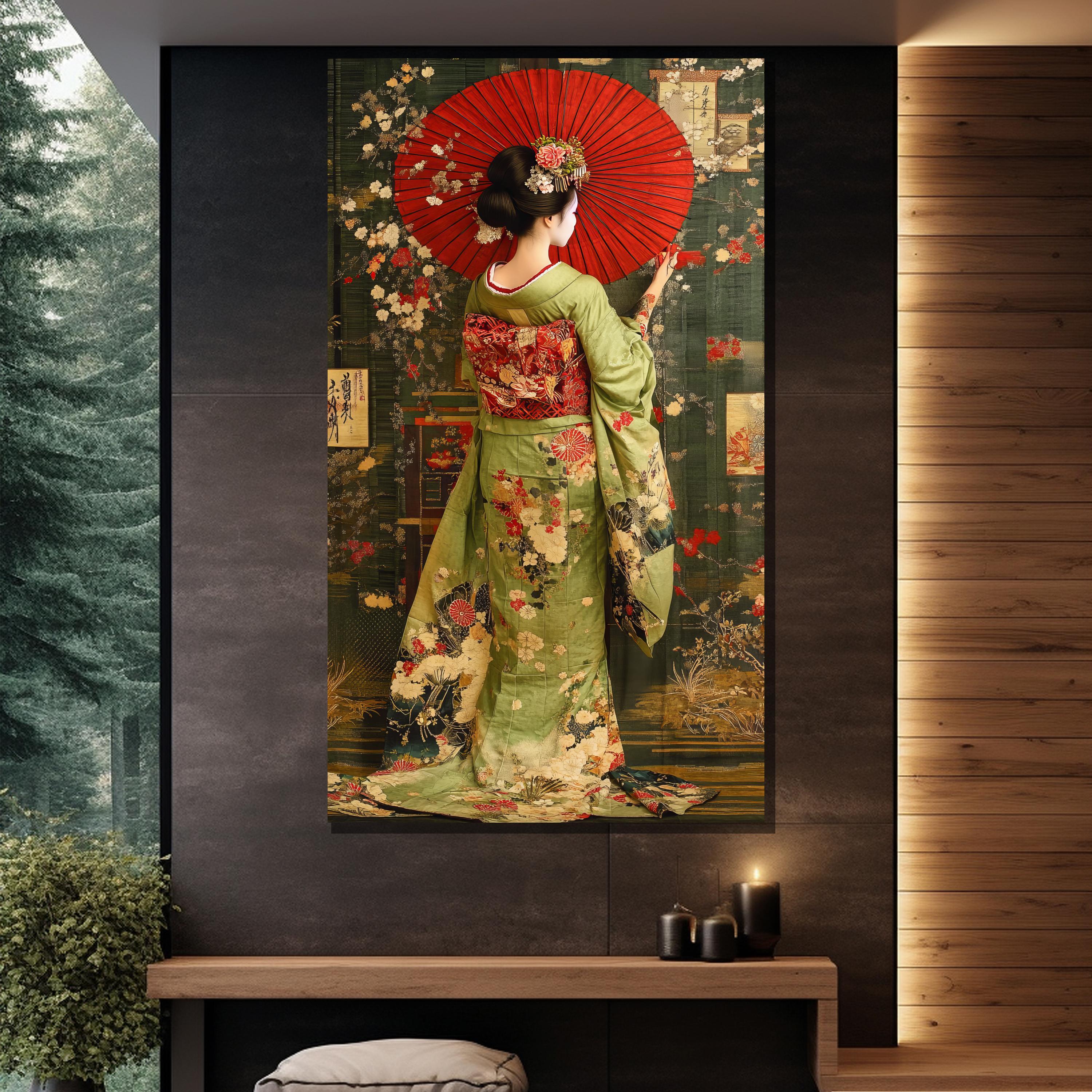 Japanese Geisha Canvas Painting Traditional Kimono Art Elegant Wall ...