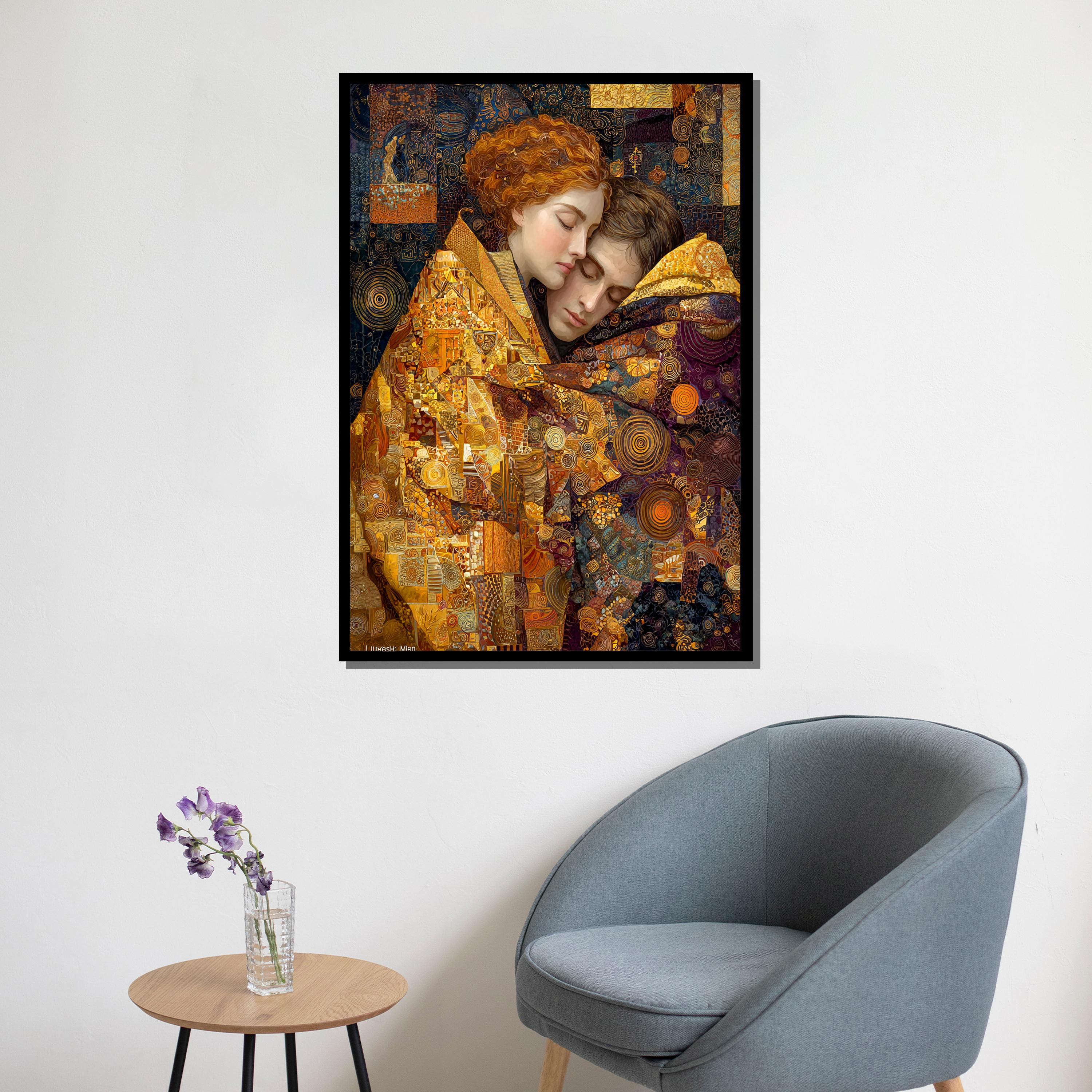 グスタフ・クリムト風の抱き合うカップルのキャンバス絵画