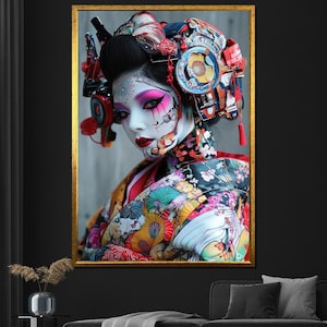 Arte em tela de gueixa cyberpunk, decoração de parede futurista de mulher japonesa, pintura de retrato vibrante e colorida para presente em casa