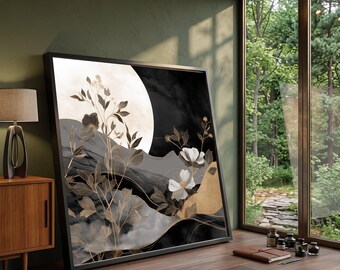 Elegant Botanical Silhouettes, Moonlit Floral Canvas, Modern Minimalist Wall Art, Nature Home Decoration, Neutral Tones Painting