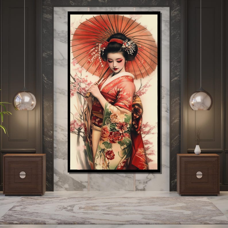 Japanese Geisha Canvas Painting Traditional Kimono Art Elegant Wall Decor Unique Gift for Living Room image 3