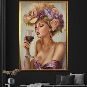 Floral Woman with Wine Canvas Painting Elegant Wall Art Feminine Decor Large Wall Art Unique Gift for Art Lovers