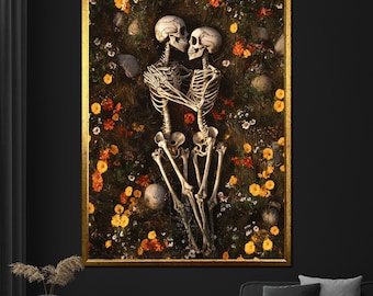Surrealist Canvas Painting of Skeletons in Love with Floral Background, Unique Wall Art for Living Room, Abstract Art Gift