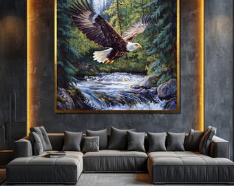 Adler Leinwand Gemälde Wald und Fluss Wand Kunst Wildtier Dekor Einzigartiges Geschenk für Natur und Tier Liebhaber