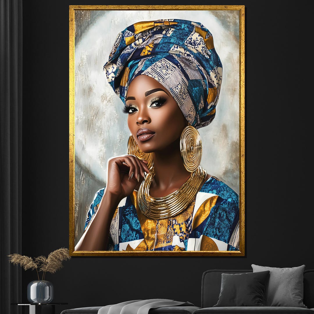 African Woman Canvas Painting Blue and Gold Headwrap Art Elegant Wall ...
