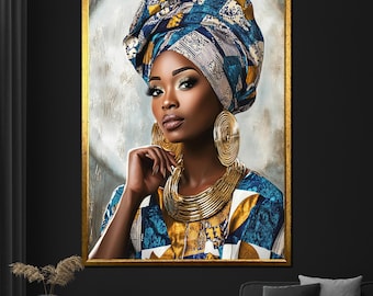 African Woman Canvas Painting Blue and Gold Headwrap Art Elegant Wall Decor Unique Gift for Living Room