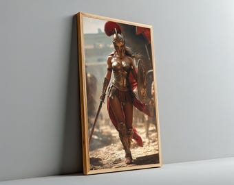 Puede incluir: Obra de arte enmarcada que representa a una guerrera con armadura dorada, casco y escudo, empuñando una espada. La guerrera camina hacia adelante con una capa roja. El fondo muestra una escena de batalla con otras figuras.
