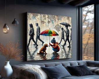 Colorful Umbrella with Child and Dog Canvas, Urban Street Art, Heartwarming Scene Wall Art, Rainy Day Illustration Canvas, Home Decor Ready