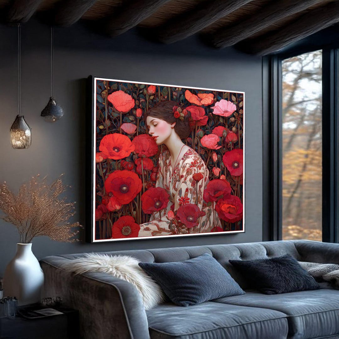 Elegant Woman With Red Poppies Canvas, Floral Portrait Wall Art ...
