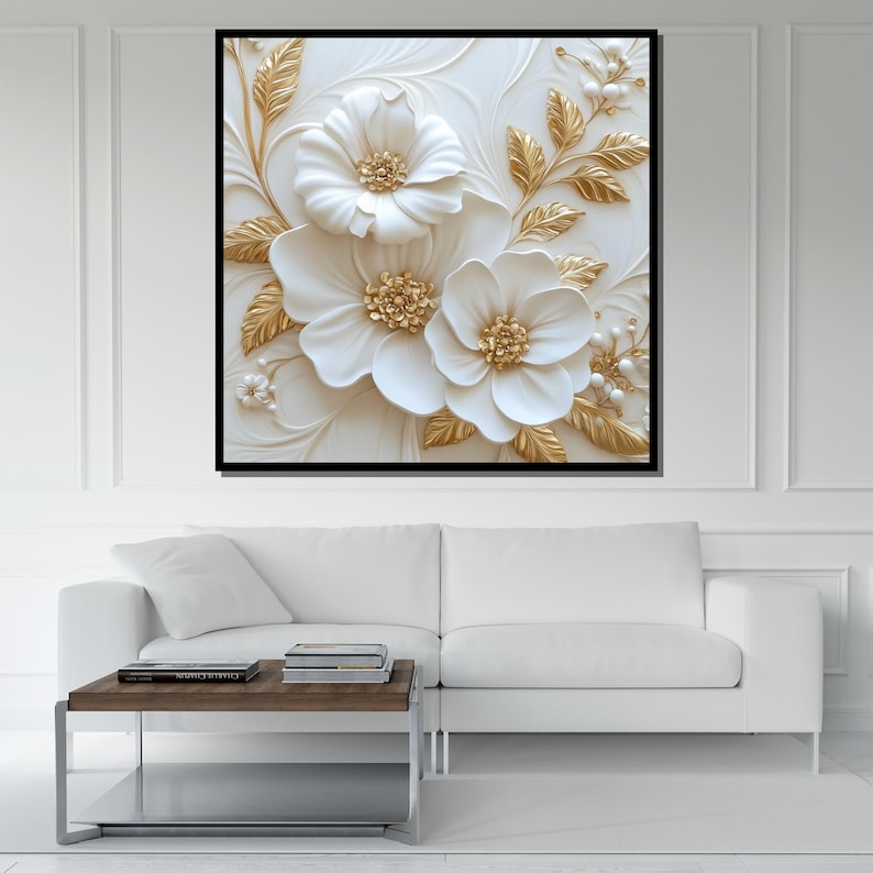 Luxury White and Gold Floral Canvas Painting - Elegant Textured Wall ...