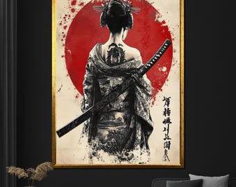 Samurai Woman Canvas Painting Red Sun Japanese Ink Art Elegant Wall Decor Unique Gift for Living Room