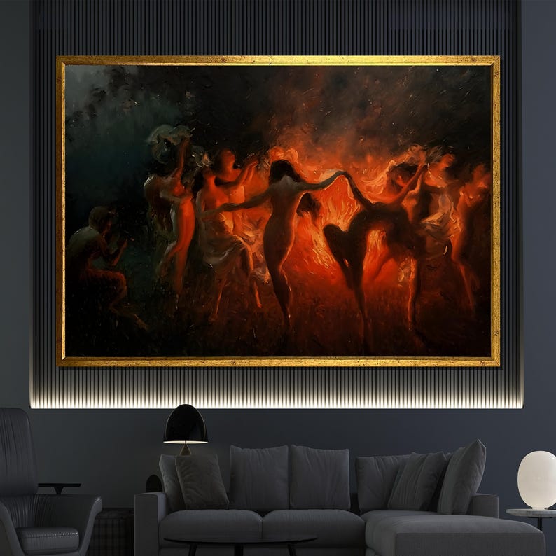 Mystical Fire Dance Canvas Painting, Dramatic Wall Art, Ethereal Women Dancing, Fiery Scene Artwork, Unique Home Decor, Gift image 1