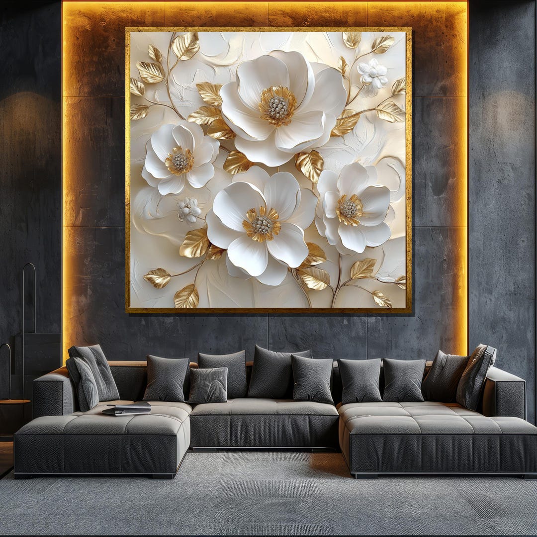 White and Gold Floral Canvas Painting Elegant Wall Art for Living Room ...