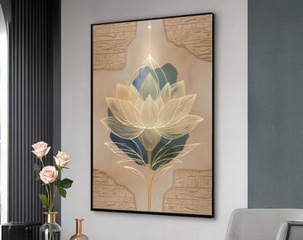 Puede incluir: Impresión artística enmarcada con un diseño de flor de loto con líneas doradas. La obra de arte tiene un fondo beige con una forma azul y verde detrás de la flor. El marco es negro.