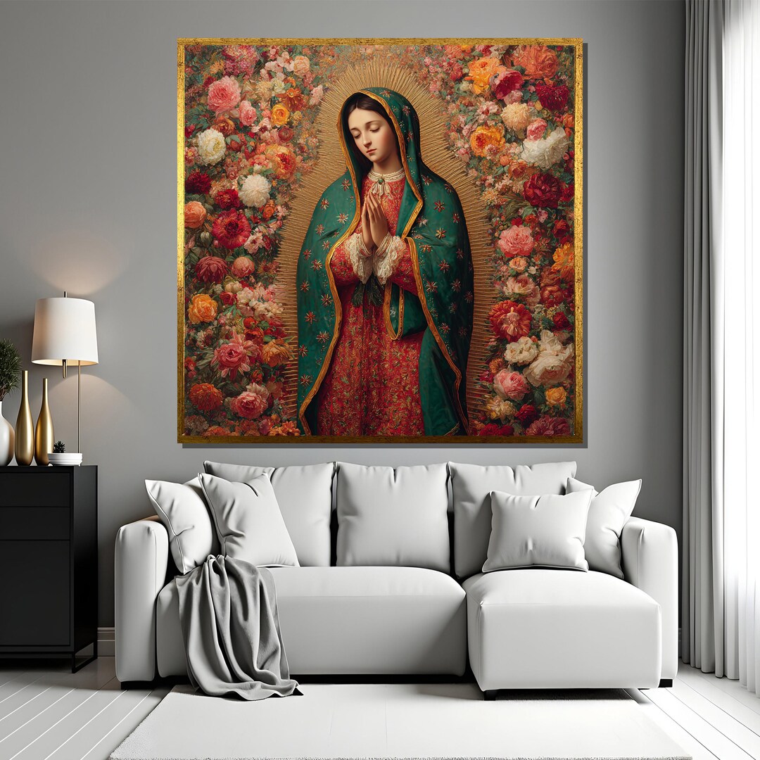 Virgin Mary Canvas Wall Art, Our Lady of Guadalupe With Colorful Floral ...