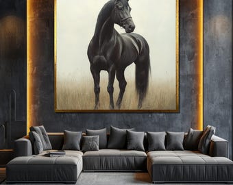 黒馬キャンバスアート - 雄大な馬の壁画 - 乗馬ホームデコレーション