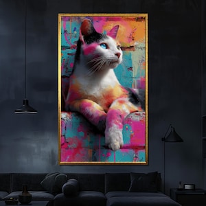 Colorful cat canvas painting with graffiti style, modern wall art for cat lovers, vibrant feline decor, unique canvas gift print