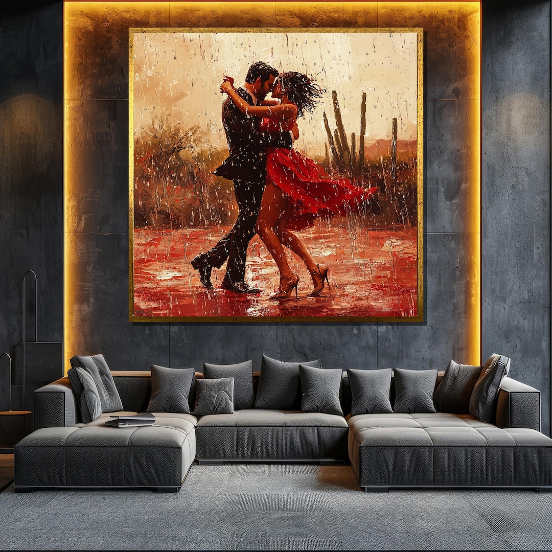 Romantic Couple Dancing in the Rain Canvas Painting - Passionate Wall ...